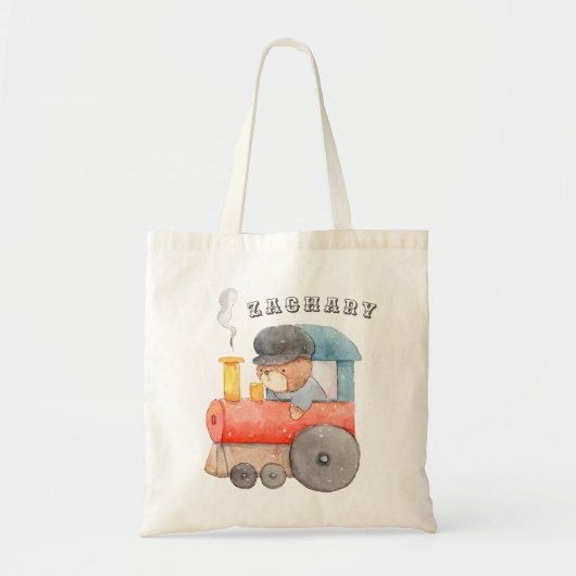 Baby Boy Watercolor Teddy Bear Train Diaper トートバッグ (正面)