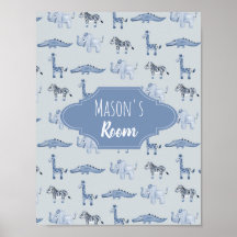 Baby Boy's Blue Watercolor Safari Nursery Art