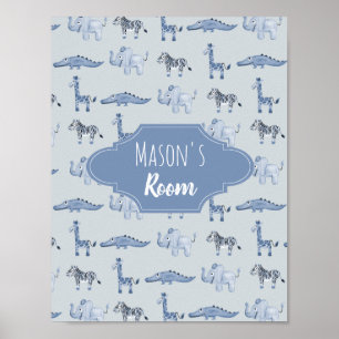 Baby Boy's Blue Watercolor Safari Nursery Art ポスター