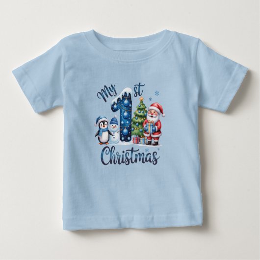 Baby Boy's First Christmas Blue ベビーTシャツ (正面)