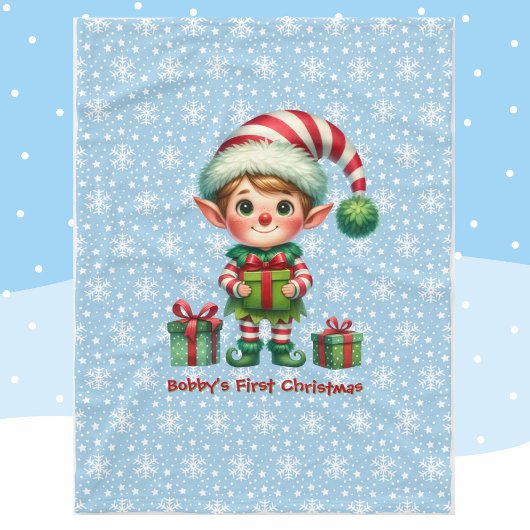 Baby Boy's First Christmas Personalize Name Blue フリースブランケット