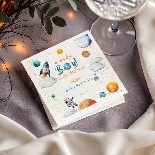 Baby BoyWatercolor Space Baby Shower Planet スタンダードカクテルナプキン