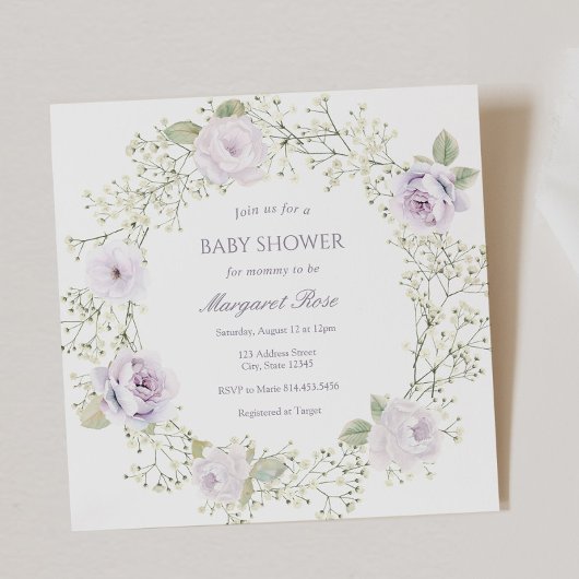 Baby Breath and Purple Roses Baby Shower 招待状
