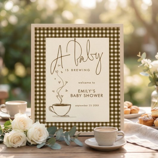 Baby Brewing Coffee Gingham Welcome Baby Shower  ポスター