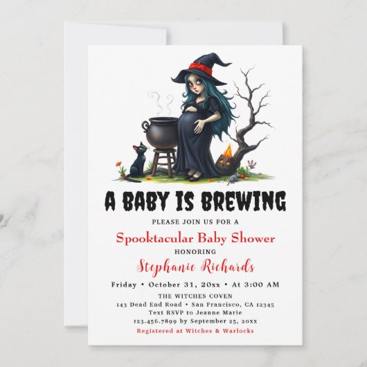 Baby Brewing Witch Black Cat Halloween Baby Shower 招待状 (正面)