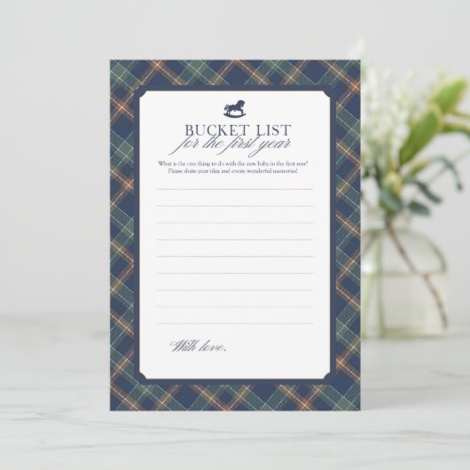Baby Bucket List First Year Navy Plaid Baby Shower アドバイスカード (スタンド正面)