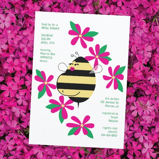 Baby Bump Mom Bee ピンクの花のベビーシャワー 招待状