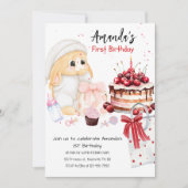 Baby Bunny & Cake Girlの1歳誕生日パーティー 招待状 (正面)