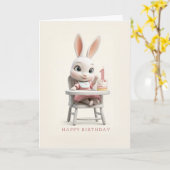 Baby Bunny Girl in High Chair 1st Birthday Cake カード (黄色い花)