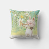 Baby Bunny Trumpet Player with Bird in Lily Garden クッション (正面)