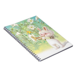 Baby Bunny Trumpet Player with Bird in Lily Garden ノートブック