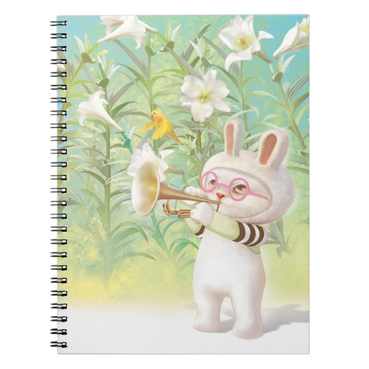 Baby Bunny Trumpet Player with Bird in Lily Garden ノートブック (正面)
