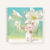 Baby Bunny Trumpet Player with Bird in Lily Garden ノートブック (正面)