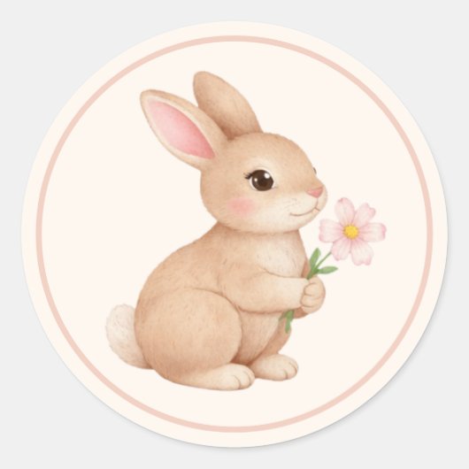 Baby Bunny with Pink Flower  ラウンドシール (正面)