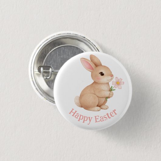 Baby Bunny with Pink Flower Happy Easter 缶バッジ (正面&裏面)