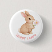 Baby Bunny with Pink Flower Happy Easter 缶バッジ (正面)
