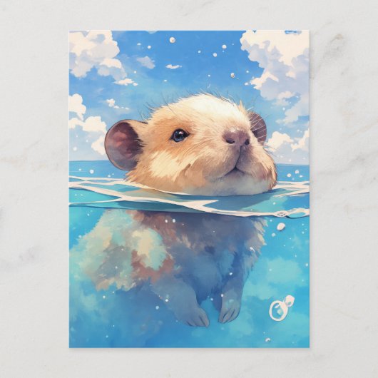 Baby Capybara Swimming in Deep Blue Ocean Water ポストカード (正面)