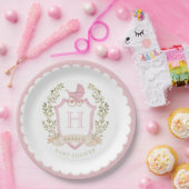 Baby Carriage Crest Monogram | Pink Baby Shower ペーパープレート (パーティー)