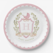 Baby Carriage Crest Monogram | Pink Baby Shower ペーパープレート (正面)