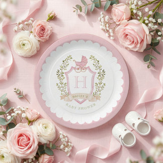 Baby Carriage Crest Monogram | Pink Baby Shower ペーパープレート