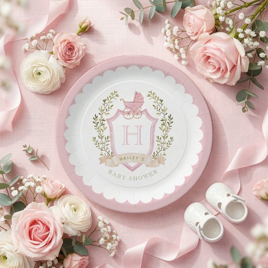 Baby Carriage Crest Monogram | Pink Baby Shower ペーパープレート