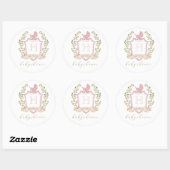 Baby Carriage Crest Monogram | Pink Baby Shower ラウンドシール (シート)