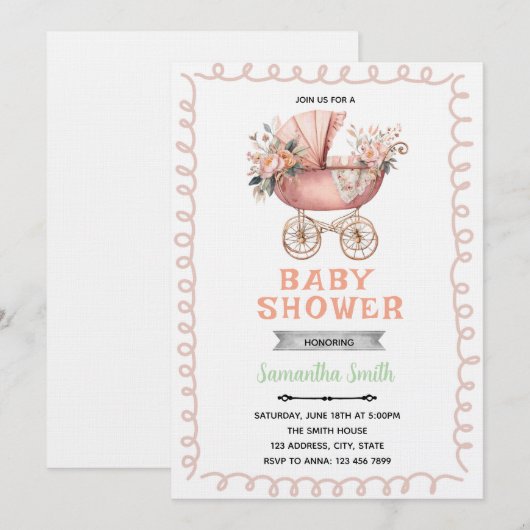 Baby carriage shower invitation 招待状 (正面/裏面)