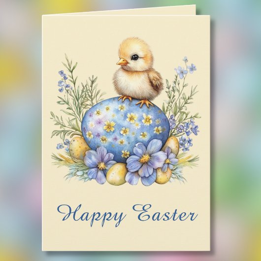Baby Chick Happy Easter Egg Blue Yellow Flowers カード