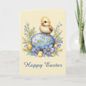 Baby Chick Happy Easter Egg Blue Yellow Flowers カード (正面)