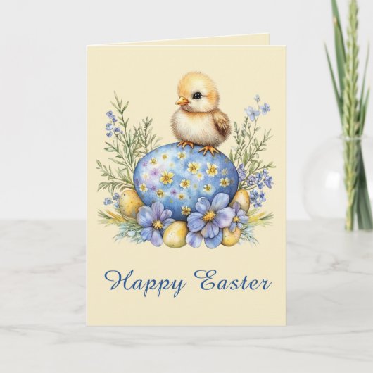 Baby Chick Happy Easter Egg Blue Yellow Flowers カード (正面)