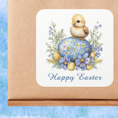 Baby Chick Happy Easter Egg Blue Yellow Flowers スクエアシール
