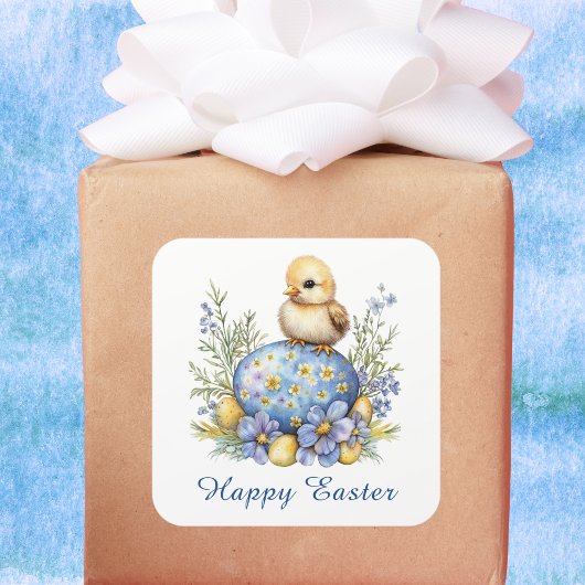 Baby Chick Happy Easter Egg Blue Yellow Flowers スクエアシール