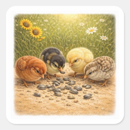 Baby Chicks Eating Sunflower Seeds – Cozy Farm Ill スクエアシール (正面)