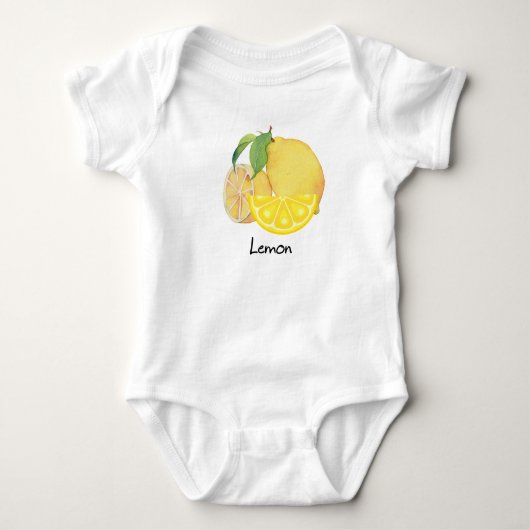Baby clothes with a lemon print. ベビーボディスーツ (正面)