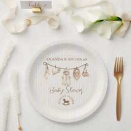 Baby Clothesline Neutral Baby Shower Striped ペーパープレート