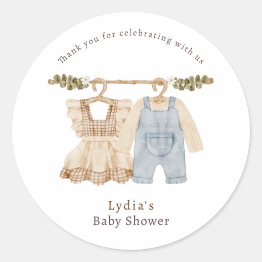 Baby Cloths Gender Reveal, Boho Baby Shower ラウンドシール (正面)