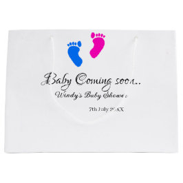 Baby coming soon baby shower blue pink baby feet n ラージペーパーバッグ