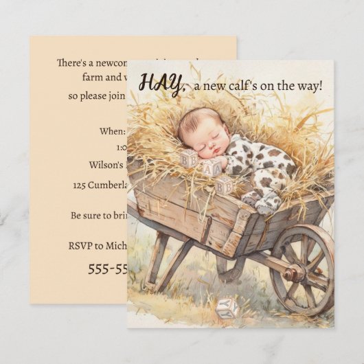 Baby Cow Shower Digital Download Invitation 招待状 (正面/裏面)