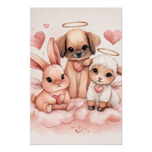 Baby Cupid Animals Nursery Wall Art | Watercolor ポスター (正面)