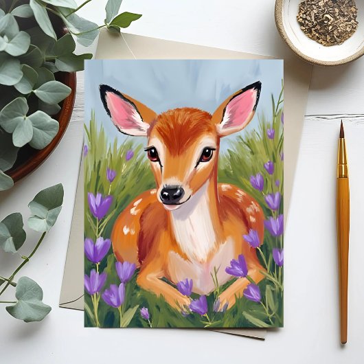 Baby Deer Fawn Animal Watercolor Painting Card