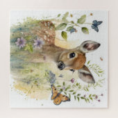 Baby Deer Fawn Butterfly Painting ジグソーパズル (横)