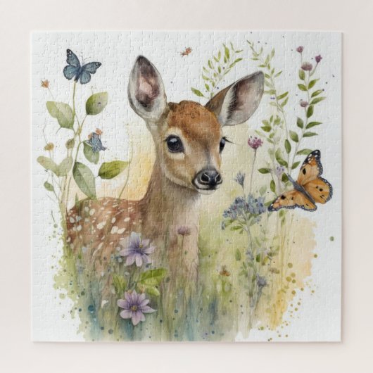 Baby Deer Fawn Butterfly Painting ジグソーパズル (縦)
