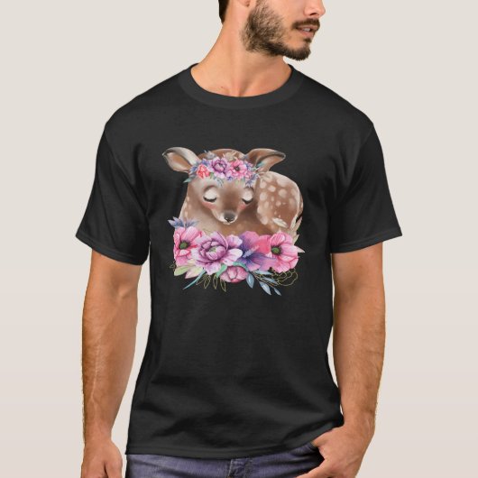 Baby Deer Fawn with Flowers Forest Animals Nature Tシャツ (正面)