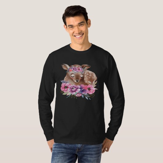 Baby Deer Fawn with Flowers Forest Animals Nature  Tシャツ (正面フル)