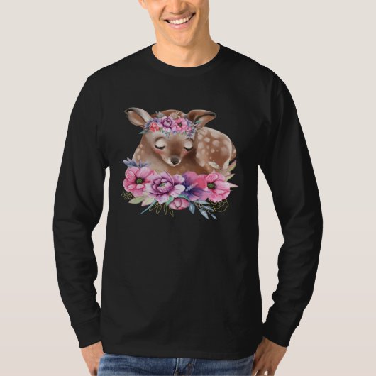Baby Deer Fawn with Flowers Forest Animals Nature  Tシャツ (正面)