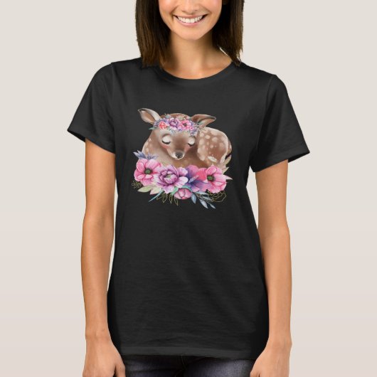 Baby Deer Fawn with Flowers Forest Animals Nature  Tシャツ (正面)