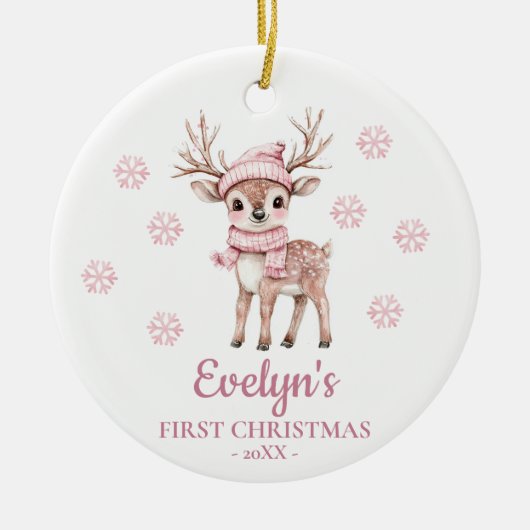 Baby Deer Personalized Girl's First Christmas セラミックオーナメント (正面)