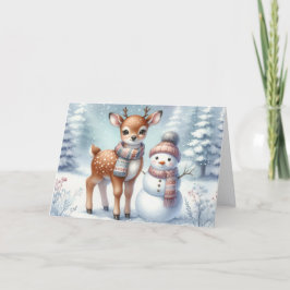 Baby Deer with Snowman Christmas Holiday Card シーズンカード