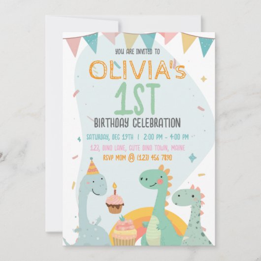 Baby Dinosaur 1st Birthday Party Cute Pastel 招待状 (正面)