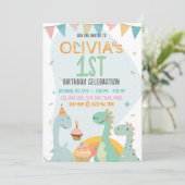 Baby Dinosaur 1st Birthday Party Cute Pastel 招待状 (スタンド正面)